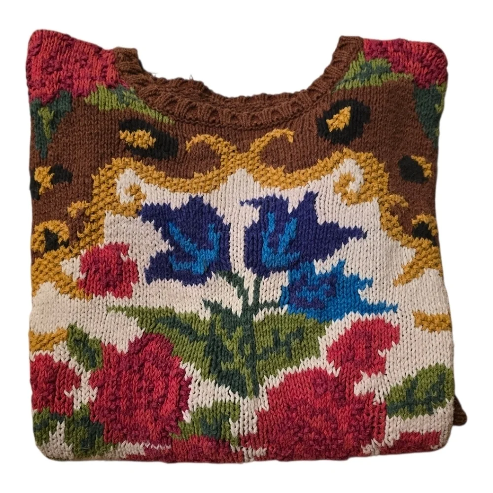 Vintage Floral Leopard Intarsia Knit Sweater Brown Red Cottagecore Grandmacore M - Picture 4 of 11